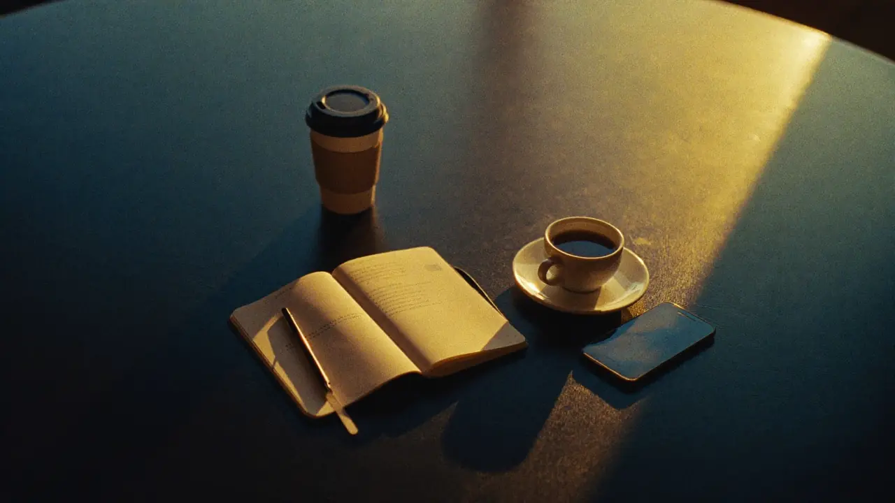 Libreta, café y celular sobre una mesa con luz cálida de atardecer