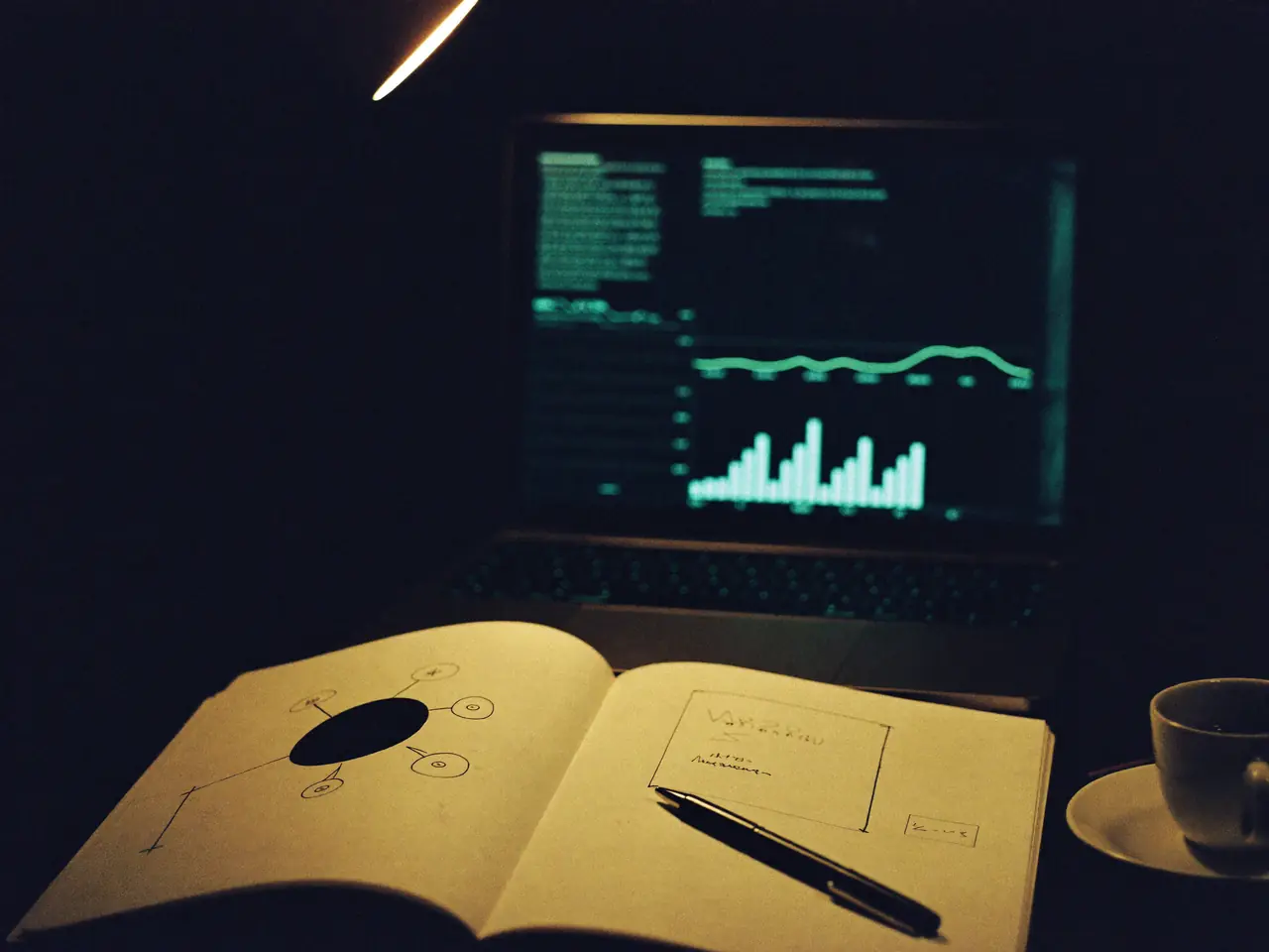 Libreta con un diagrama de procesos y una laptop con gráficas sobre un escritorio