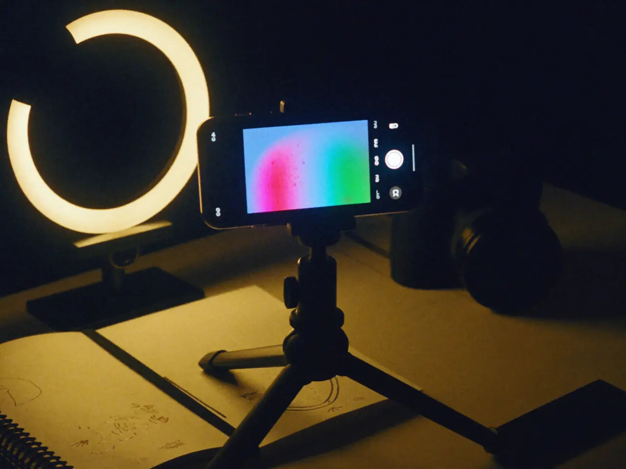 Mesa de trabajo creativa con un celular mostrando contenido para redes sociales