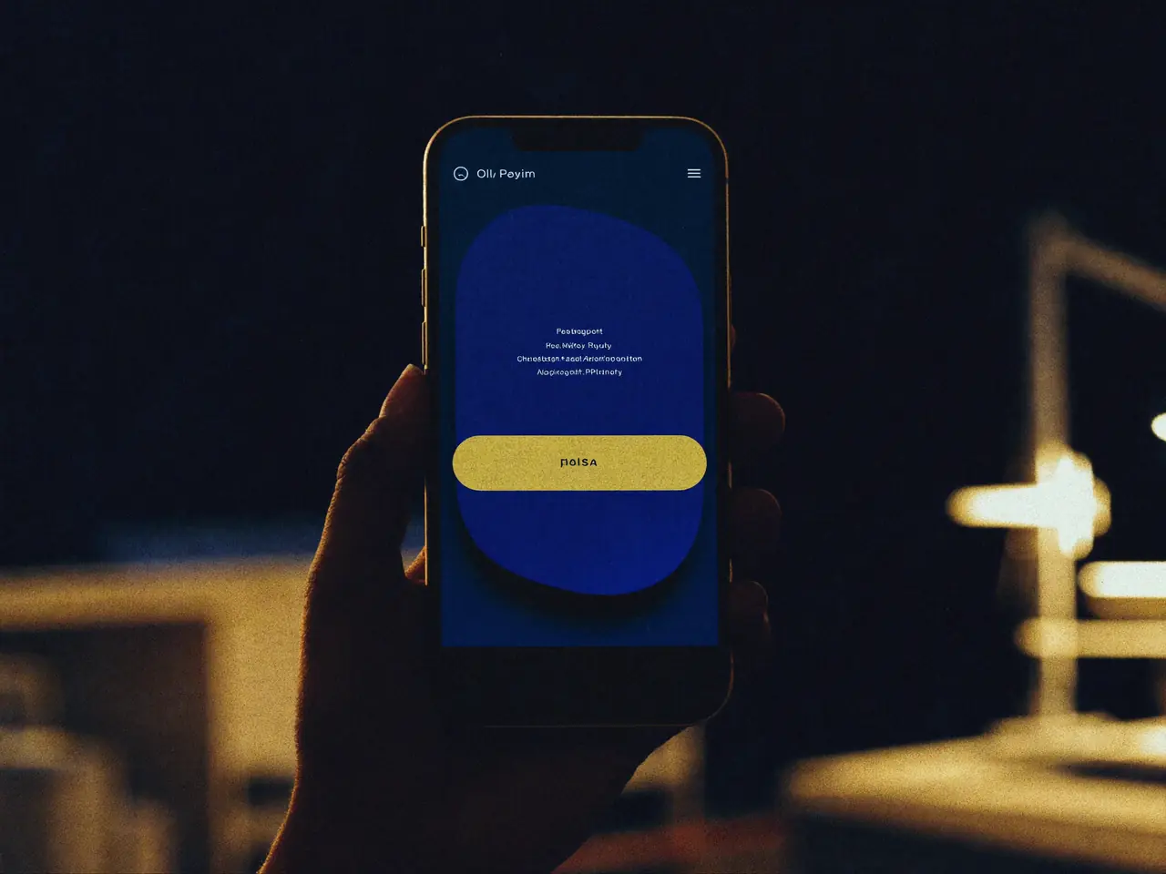 Mano sosteniendo un celular con un sitio web oscuro y un botón dorado de llamada